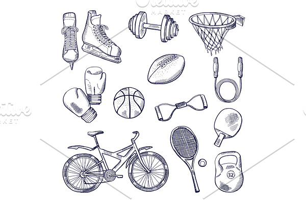 Illustrations of different sports fitness equipment. Vector doodle icons set