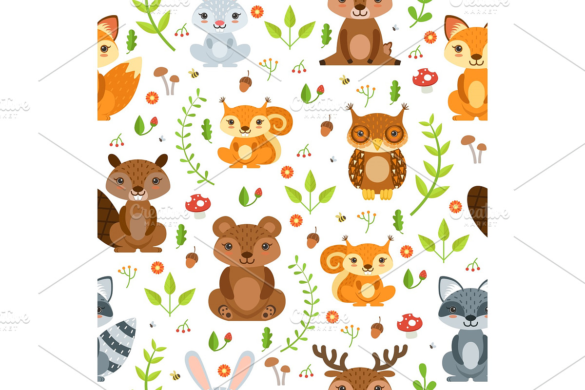 Vector seamless pattern of forest animals and summer plants in Graphics - product preview 8