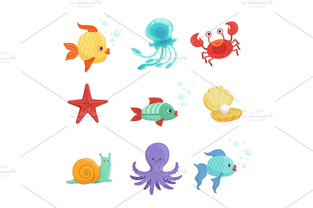 Marine set with underwater plants and sea fishes in cartoon style. Vector illustrations set in Graphics - product preview 8