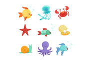 Marine set with underwater plants and sea fishes in cartoon style. Vector illustrations set
