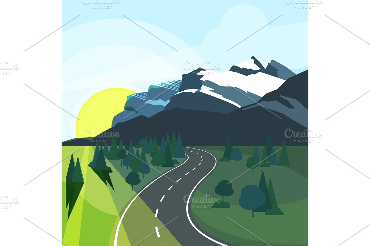 Panoramic summer landscape with environment and road in perspective in Graphics - product preview 8