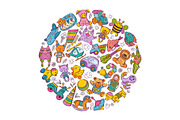 Childrens toys icon set in circle shape. Doodle vector illustrations