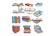 Set of different books. Encyclopedia, dictionary and others. Doodle vectors illustration