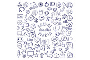 Social media hand drawn icons set. Computer and network doodle vector illustrations