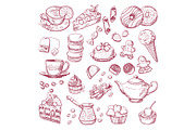Tea and coffee different elements. Sweets, cupcakes. Hand drawn vector illustrations