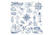 Sea or ocean underwater life with different animals and marine objects. Vector pictures in hand drawn style