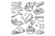 Different meat food. Pork, bacon and kitchen accessories. Knife and axe vector hand drawn picture