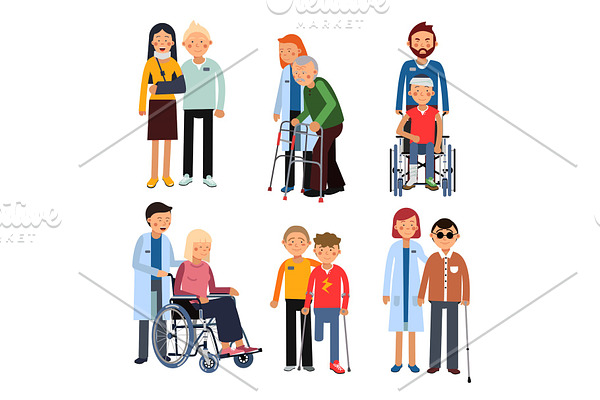 Disabled people group or hospital patients and helping man. Vector illustrations isolate on white background