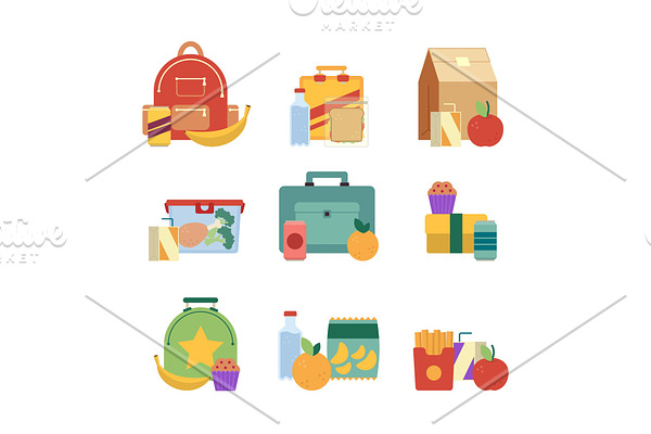 Healthy lunch in plastic box. Lunchbox for kids. Vector illustration set isolate on white background