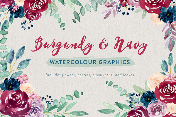 Burgundy + Navy Watercolour Flowers