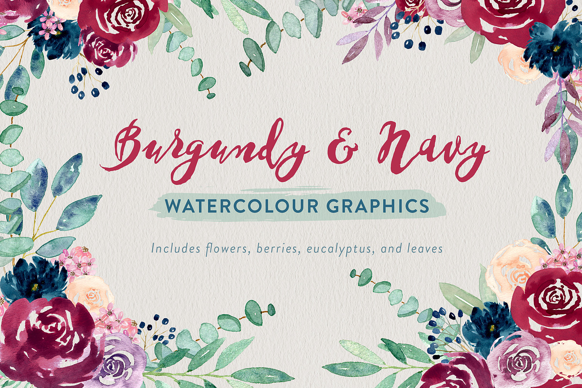 Burgundy + Navy Watercolour Flowers in Illustrations - product preview 8