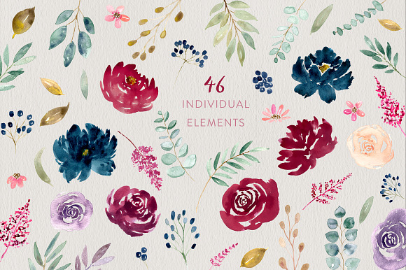 Burgundy + Navy Watercolour Flowers in Illustrations - product preview 6