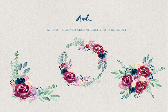 Burgundy + Navy Watercolour Flowers in Illustrations - product preview 7