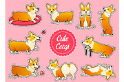 Set of cute dogs breed Welsh Corgi Pembroke on pink background. stickers for girls. A domestic pet, a happy royal animal for girls. Funny Red haired puppy looks like a fox. Vector illustration.