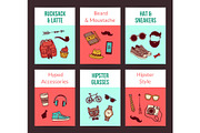 Vector hipster doodle icons card templates set illustration