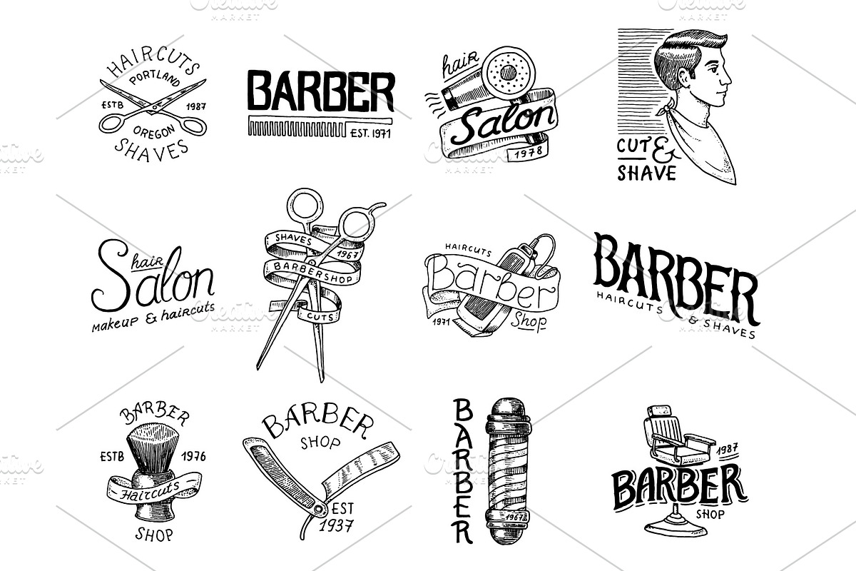 Set of barbershop badge and label, logo and hipster emblems. Tools for man icon. Haircut of beard and mustache. Brush and razor for shaving. Engraved hand drawn in old vintage sketch. Modern Lettering in Illustrations - product preview 8