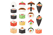 Japanese food vector sushi sashimi roll or nigiri and appetizer with seafood rice in Japan restaurant illustration Japanization cuisine set isolated on white background