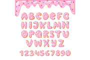 Alphabet donut vector kids alphabetical doughnuts font ABC with pink letters and glazed numbers with icing or sweet alphabetic typography for happy birthday illustration isolated on white background