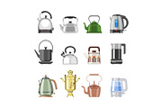 Teapot and kettle vector teakettle or samovar to drink tea on teatime and boiled coffee beverage in electric boiler in kitchen illustration kitchenware set isolated on white background