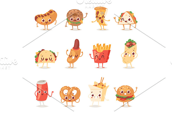 Fast food smile vector cartoon expression characters of hamburger or cheeseburger with fast-food emotion of burger or hot dog emoticon icons and soda drink emoji illustration isolated on background