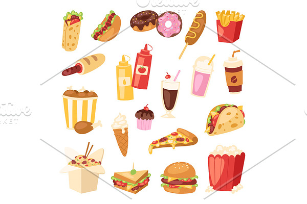 Fast food vector nutrition american hamburger or cheeseburger unhealthy eating concept junk fast-food snacks burger or sandwich and soda drink illustration isolated on background