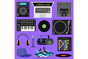DJ music vector discjockey playing disco on turntable sound record set with headphones and players audio equipment for playback vinyl discs in nightclub isolated on background