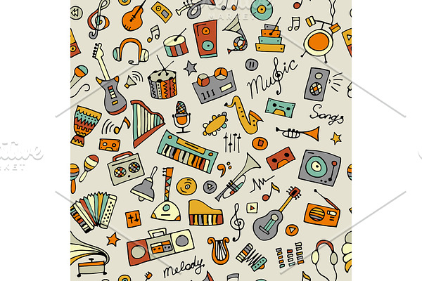 Music instruments sketch, seamless pattern for your design