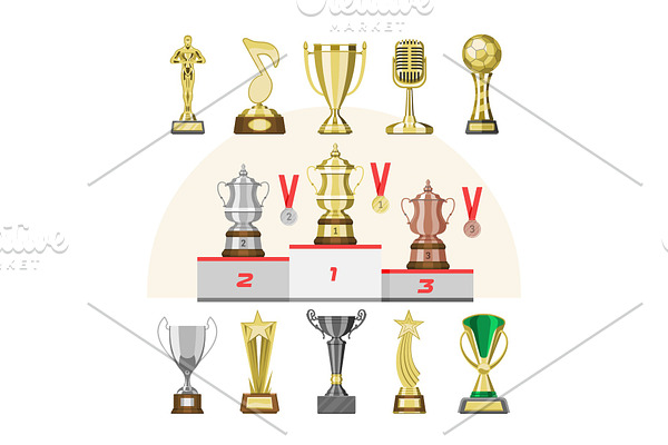 Award trophy vector winners prize trophycup or medal for award-winning champion with reward for victory on competition illustration set of golden cup for first place isolated on background