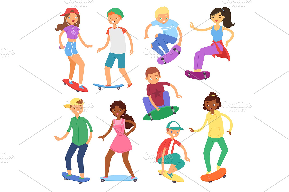 Skateboarders on skateboard vector skateboarding boy or girl characters or teenager skaters jumping on board in skatepark illustration set of people skating isolated on white background in Illustrations - product preview 8