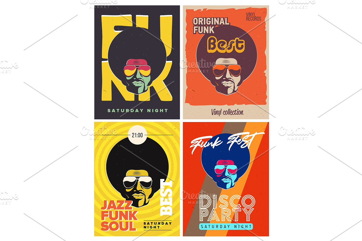 Disco party event flyers set. Collection of the creative vintage posters. Vector retro style template. Black man in sunglasses. in Illustrations - product preview 8