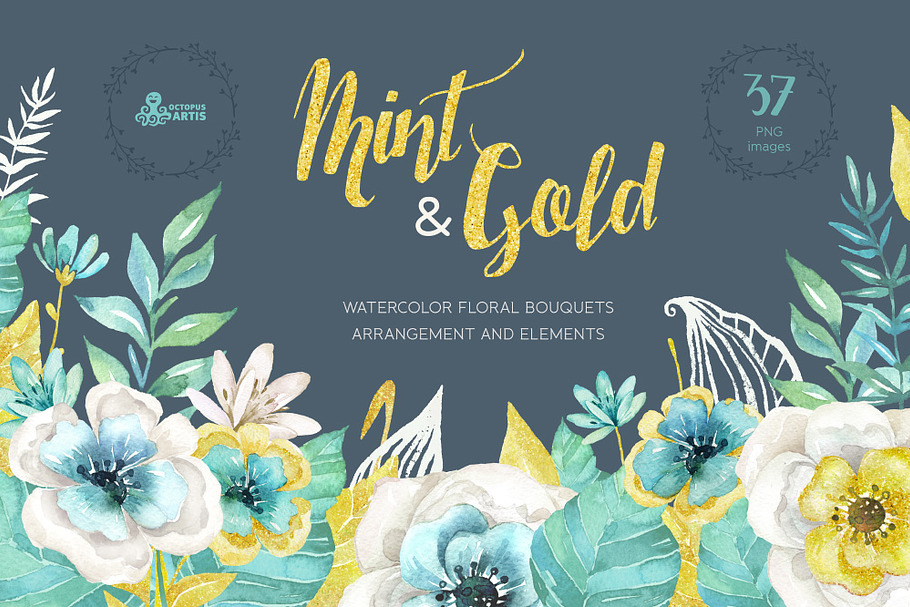 Mint & Gold Flowers in Illustrations - product preview 8