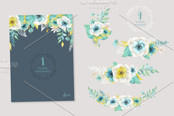 Mint & Gold Flowers in Illustrations - product preview 1