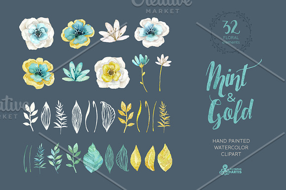 Mint & Gold Flowers in Illustrations - product preview 2