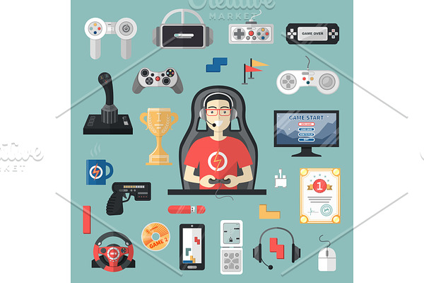 Gamepad vector gamer playing gameplay and player character gaming videogame with joystick or game-console illustration set of game gadgets isolated on background