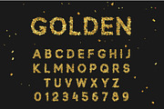 Font alphabet from gold confetti, letter golden serpentine.
