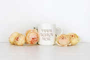 White coffee mug mockup with roses