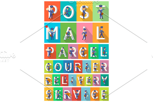 Postman in Different Poses. Man with Letters.