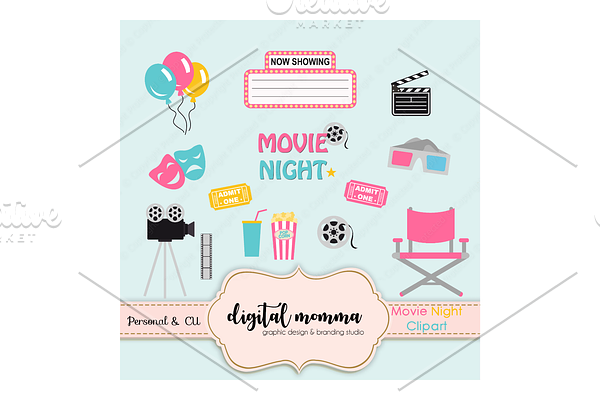 Girl Movie Night Clipart Set