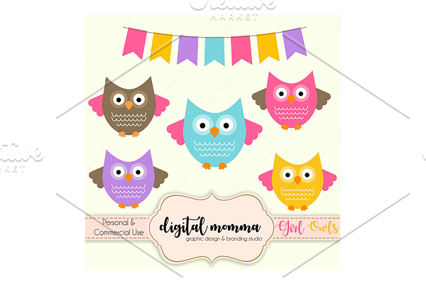 Girl Owls Clipart Set