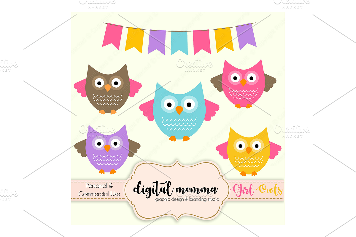 Girl Owls Clipart Set in Illustrations - product preview 8