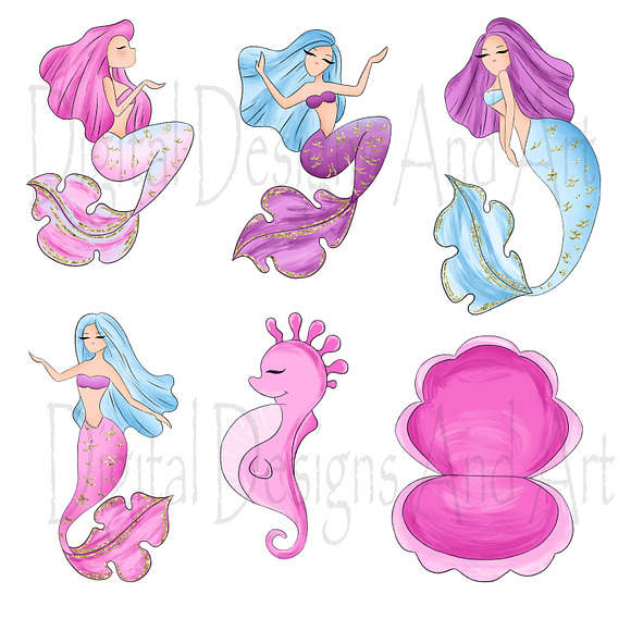 Mermaid clipart in Illustrations - product preview 2