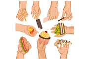 Hands with cake vector arm holding cupcake or sweet confection dessert icecream illustration set of hand with pizza or sweets isolated on white background