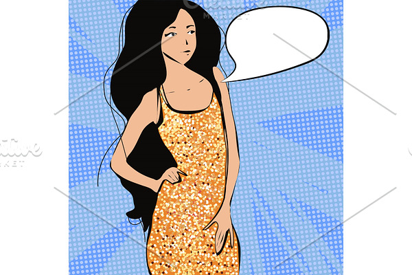 Vector beautiful fashion girl in a sparkling gold dress with bubble for text on a comics background.