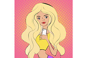 Pretty woman taking a selfie photo with her cell phone, cartoon style vector illustration.