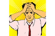 Vector stressed office worker man illustration. Businessman with hands on his head. Health problems with migraine.