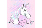Magic unicorn with text. Vector pop art style cartoon illustration with fantastic horse.