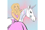 Fantastic unicorn with rainbow colors mane and horn and princess girl in a pink dress. Vector pop art illustration.