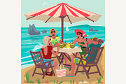 Two couples eating on tropical beach