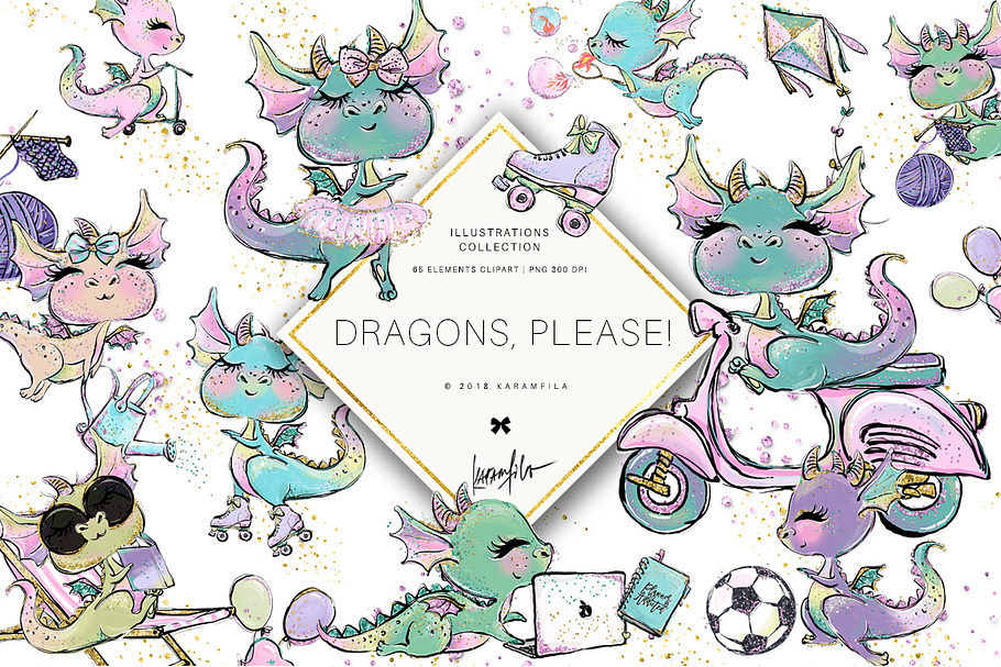 Cute Dragons Clipart in Illustrations - product preview 8