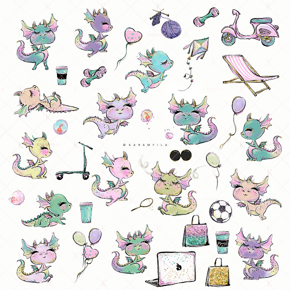 Cute Dragons Clipart in Illustrations - product preview 3